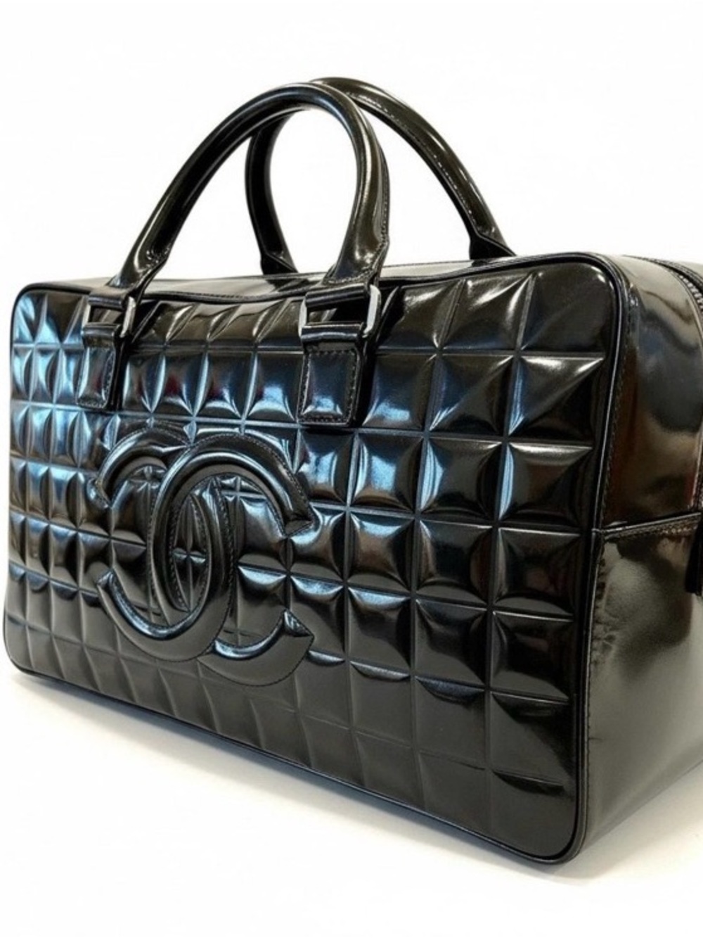 CHANEL Black Patent Quilted Bowling Bag